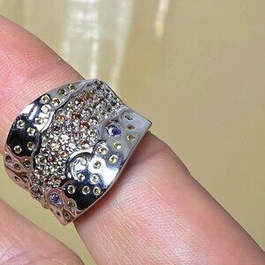 925 Sterling‎ Silver Ring Siz 7.5 with Natural Yellow Sapphire & Tanzanite Gems